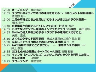 12:00 オープニング ⽐比企宏之
12:05 クラウドネイティヴ時代の運⽤用を考える  〜～  ドキュメント駆動運⽤用へ
波⽥田野  裕⼀一
13:00 ⼆二⾜足の草鞋どころか三⾜足はいてるオレが感じたクラウド運⽤用〜～  
                      橋本  圭⼀一
13:40 ⾃自動構築と⾃自動テスト?インフラのコード化  東  邦之
14:05 いけてないオンプレ環境のインフラをクラウドへ移設 冨⽥田  修平
14:35 Twilioの導⼊入事例例から学ぶ！クラウドの運⽤用に⼤大切切なこと。
                      ⽮矢熊 　吉成
15:10 さくらのクラウド活⽤用事例例  -‐‑‒  構成と運⽤用のご紹介  鷲北北  賢
15:50 安⼼心してぐっすり眠るための  AWS  運⽤用術  坂井 　学
16:25 AWS活⽤用の今までとこれから。 　ー 　東急ハンズの事例例 　ー
                    井上  泰治
16:55 GCEとGAEの運⽤用とオートスケール設定  吉積  礼敏
17:45 インフラ（オンプレミス）エンジニアがクラウドを利利⽤用した際に
                      感じた本⾳音              ⾼高岡将
18:25 クロージング ⽐比企宏之
 