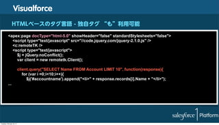 Visualforce
HTMLベースのタグ言語 - 独自タグ “も”利用可能
<apex:page docType="html-5.0" showHeader="false" standardStylesheets="false">
<script type="text/javascript" src="//code.jquery.com/jquery-2.1.0.js" />
<c:remoteTK />
<script type="text/javascript">
$j = jQuery.noConflict();
var client = new remotetk.Client();
client.query("SELECT Name FROM Account LIMIT 10", function(response){
for (var i =0;i<10;i++){
$j('#accountname').append("<li>" + response.records[i].Name + "</li>");
...

Tuesday, February 18, 14

 