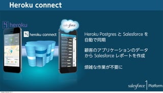 Heroku connect

Heroku Postgres と Salesforce を
自動で同期

顧客のアプリケーションのデータ
から Salesforce レポートを作成
煩雑な作業が不要に

Tuesday, February 18, 14

 