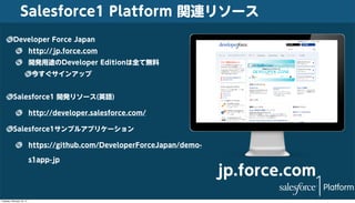 Salesforce1 Platform 関連リソース
Developer Force Japan
http://jp.force.com
開発用途のDeveloper Editionは全て無料
今すぐサインアップ
Salesforce1 開発リソース(英語)
http://developer.salesforce.com/
Salesforce1サンプルアプリケーション
https://github.com/DeveloperForceJapan/demos1app-jp

Tuesday, February 18, 14

jp.force.com

 