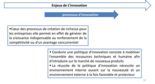 Enjeux de L’innovation
processus d'innovation
Cœur des processus de création de richesse pour
les entreprises elle permet en effet de générer de
la croissance indispensable au renforcement de la
compétitivité ou d'un avantage concurrentiel
 Conduire une politique d'innovation consiste à mobiliser
l'ensemble des ressources techniques et humaine afin
d'introduire sur le marché de nouveaux produits
 La réussite de la politique d'innovation nécessite un
environnement interne ouvert sur la nouveauté et un
environnement externe à la fois favorable et protecteur
14
 