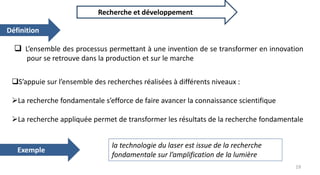  L’ensemble des processus permettant à une invention de se transformer en innovation
pour se retrouve dans la production et sur le marche
Recherche et développement
S’appuie sur l’ensemble des recherches réalisées à différents niveaux :
La recherche fondamentale s’efforce de faire avancer la connaissance scientifique
La recherche appliquée permet de transformer les résultats de la recherche fondamentale
la technologie du laser est issue de la recherche
fondamentale sur l’amplification de la lumière
Définition
Exemple
19
 
