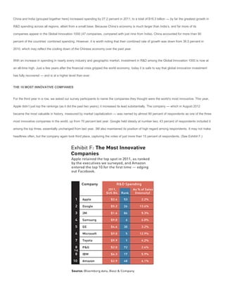China and India (grouped together here) increased spending by 27.2 percent in 2011, to a total of $16.3 billion — by far the greatest growth in

R&D spending across all regions, albeit from a small base. Because China’s economy is much larger than India’s, and far more of its

companies appear in the Global Innovation 1000 (47 companies, compared with just nine from India), China accounted for more than 90

percent of the countries’ combined spending. However, it is worth noting that their combined rate of growth was down from 38.5 percent in

2010, which may reflect the cooling down of the Chinese economy over the past year.


With an increase in spending in nearly every industry and geographic market, investment in R&D among the Global Innovation 1000 is now at

an all-time high. Just a few years after the financial crisis gripped the world economy, today it is safe to say that global innovation investment

has fully recovered — and is at a higher level than ever.


THE 10 MOST INNOVATIVE COMPANIES


For the third year in a row, we asked our survey participants to name the companies they thought were the world’s most innovative. This year,

Apple didn’t just top the rankings (as it did the past two years); it increased its lead substantially. The company — which in August 2012

became the most valuable in history, measured by market capitalization — was named by almost 80 percent of respondents as one of the three

most innovative companies in the world, up from 70 percent last year. Google held steady at number two; 43 percent of respondents included it

among the top three, essentially unchanged from last year. 3M also maintained its position of high regard among respondents. It may not make

headlines often, but the company again took third place, capturing the votes of just more than 15 percent of respondents. (See Exhibit F.)
 