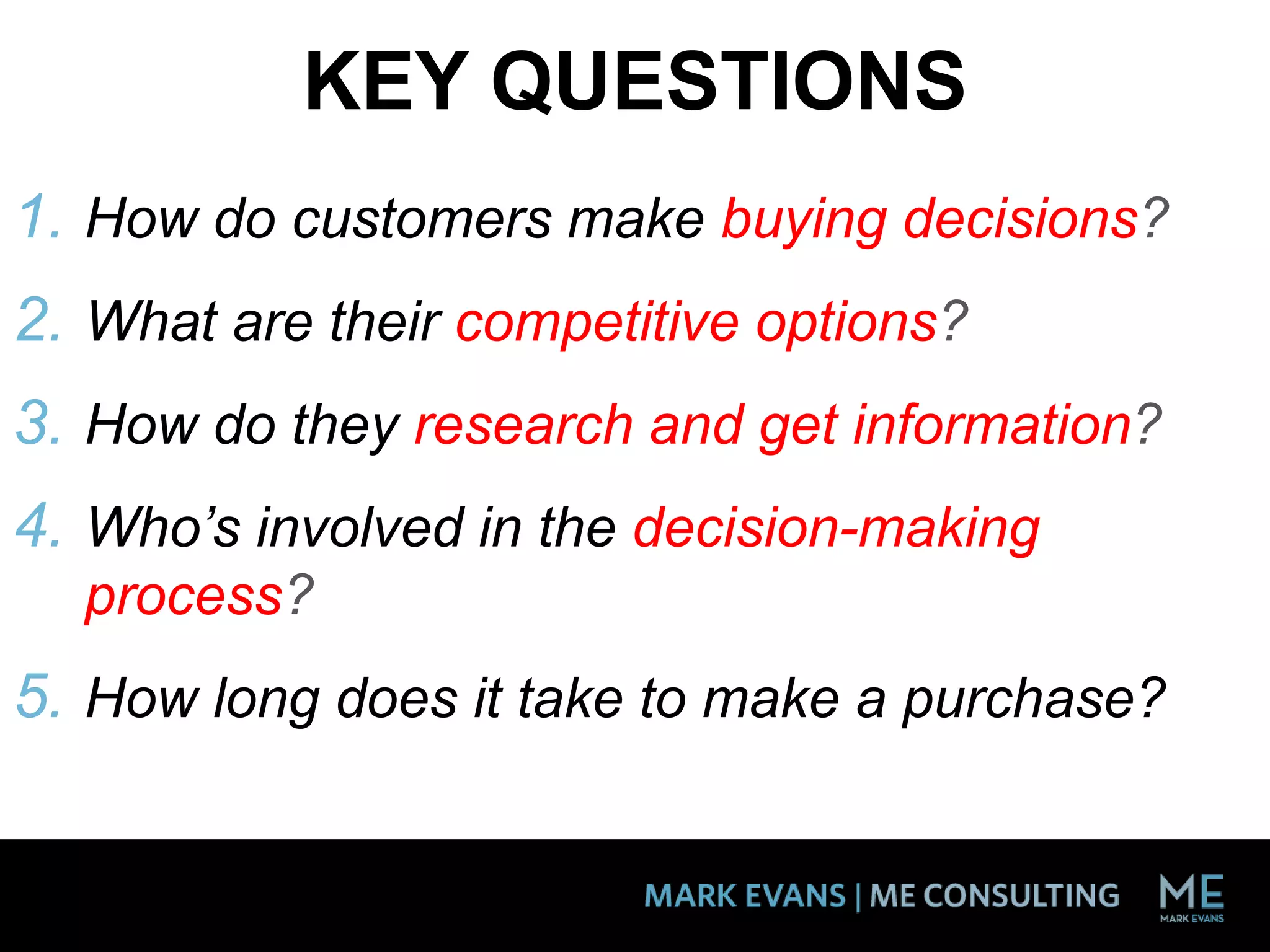 KEY QUESTIONS
1. How do customers make buying decisions?
2. What are their competitive options?
3. How do they research and get information?
4. Who’s involved in the decision-making
process?
5. How long does it take to make a purchase?
 
