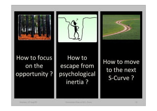 How to focus     How to
                                                     How to move
   on the     escape from
                                                      to the next
opportunity ? psychological
                                                       S-Curve ?
                inertia ?

 Shankar, 27 Aug'09   !nnovation flow at NCL, Pune             22
 