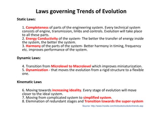 Laws governing Trends of Evolution
Static Laws:

   1. Completeness of parts of the engineering system. Every technical sy...