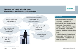 © SiemensAG 2015 All rights reserved.
Oct 2015Page 2 Geert Vanbeveren / Siemens AG
Realising our vision will take away
all reservations using the public transport
How much time do I
have for my
connection?
How much time do
I have for my
connection?
What transport connection
do I have at my
destination station?
On which App can I
find my
information?
Where do I need to
get off the bus?
Where can I buy a
ticket?
• Maximise the Passengers’
Journey Convenience
• By offering him proactively all
necessary information
needed in his situation and at
his location to conduct his
journey smoothly from end-to-
end.
• The Application thinks for the
passenger and knows what
comes next, based on real
time information.
Our vision
 