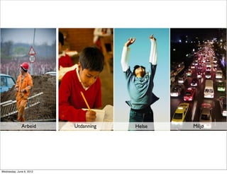 Arbeid      Utdanning   Helse   Miljø




Wednesday, June 6, 2012
 