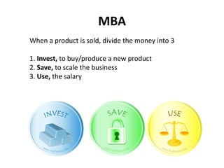MBA
When a product is sold, divide the money into 3

1. Invest, to buy/produce a new product
2. Save, to scale the business
3. Use, the salary
 