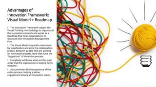 Advantages of
Innovation Framework:
Visual Model + Roadmap
• The Innovation Framework adopts the
Visual Thinking methodology to organize all
the innovation concepts and works as a
Roadmap that helps organizations to
structure their Innovation Management
Plan
• The Visual Model is quickly understood
by stakeholders and aims the collaboration
process between people that are working
on innovation projects. Now they have the
“big picture” of the entire process.
• Everybody will know what are the main
areas that the organization is looking for to
innovate .
• Also promotes the transparency of the
entire process, helping a better
engagement among all innovation teams.
 