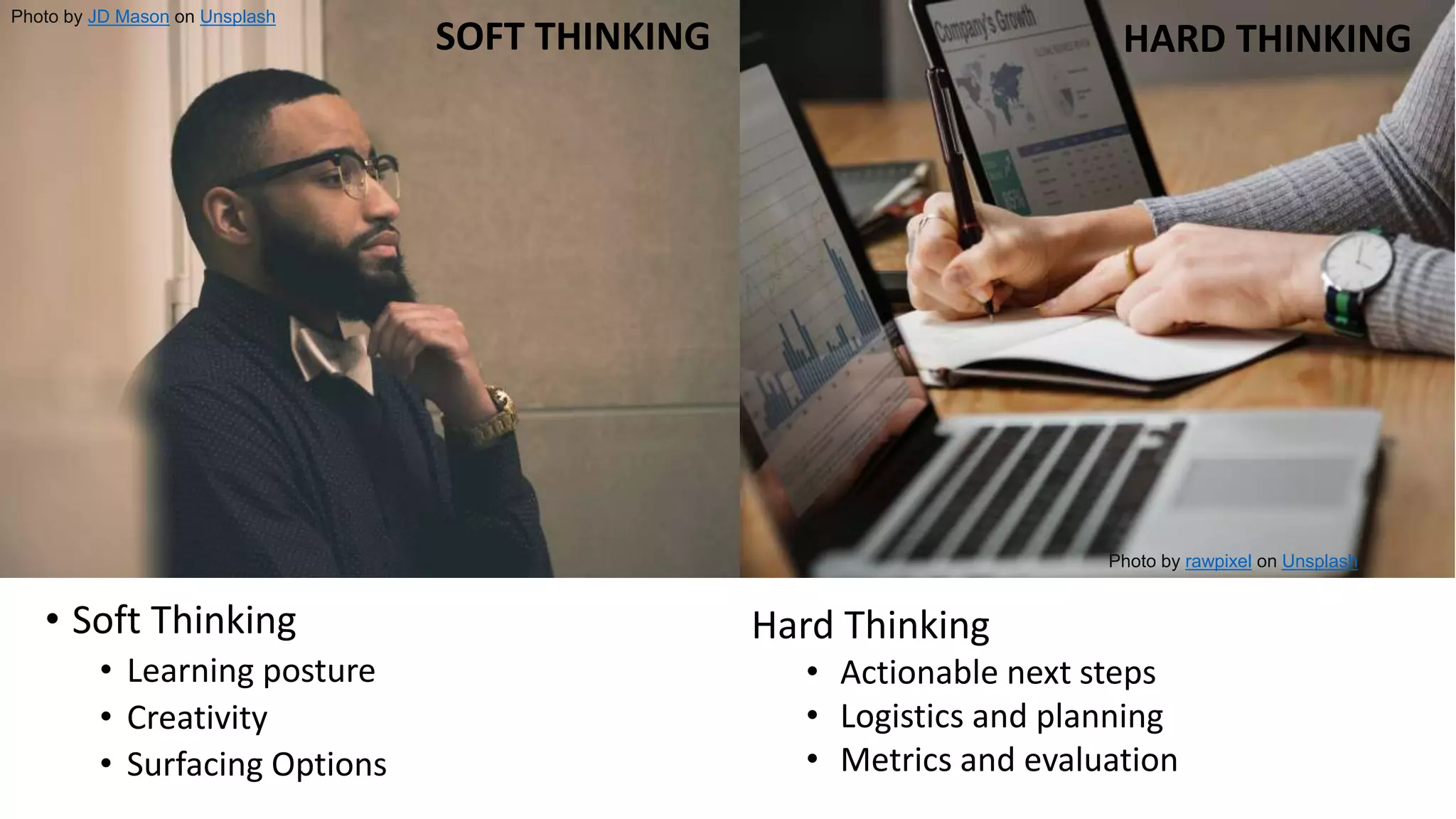 Activities - Soft Thinking/Hard
Thinking
Photo by JD Mason on Unsplash
Photo by rawpixel on Unsplash
SOFT THINKING HARD THINKING
• Soft Thinking
• Learning posture
• Creativity
• Surfacing Options
Hard Thinking
• Actionable next steps
• Logistics and planning
• Metrics and evaluation
 