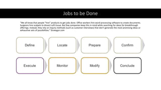 Jobs to be Done
“We all know that people “hire” products to get jobs done. Office workers hire word-processing software to create documents.
Surgeons hire scalpels to dissect soft tissue. But few companies keep this in mind while searching for ideas for breakthrough
offerings. Instead, they rely on inquiry methods (such as customer interviews) that don’t generate the most promising ideas or
exhaustive sets of possibilities.” Strategyn.com
 