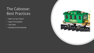 The Caboose:
Best Practices
• Who’s on Your Team?
• Types of Innovation
• Core Tools
• Activities to Drive Results
 