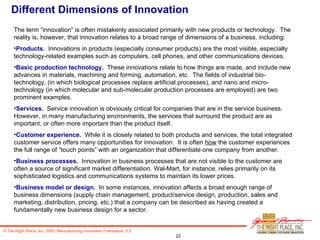 Different Dimensions of Innovation <ul><li>The term “innovation” is often mistakenly associated primarily with new product...
