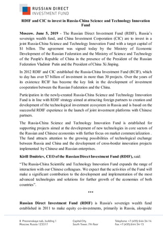RDIF and CIC to invest in RussiaChina Science and Technology