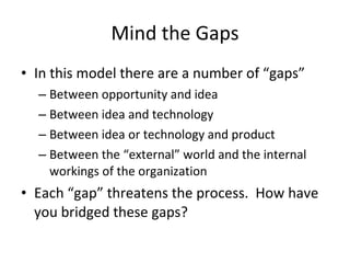 Mind the Gaps In this model there are a number of “gaps” Between opportunity and idea Between idea and technology Between idea or technology and product Between the “external” world and the internal workings of the organization Each “gap” threatens the process.  How have you bridged these gaps? 