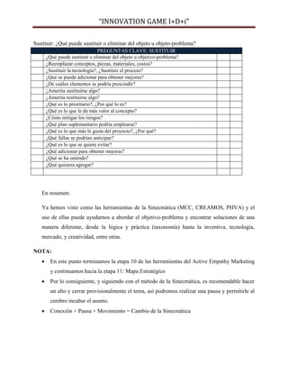 “INNOVATION GAME I+D+i”
Sustituir: ¿Qué puede sustituir o eliminar del objeto u objeto-problema?
PREGUNTAS CLAVE: SUSTITUIR
¿Qué puede sustituir o eliminar del objeto u objetivo-problema?
¿Reemplazar conceptos, piezas, materiales, costos?
¿Sustituir la tecnología?, ¿Sustituir el proceso?
¿Qué se puede adicionar para obtener mejoras?
¿De cuáles elementos se podría prescindir?
¿Amerita sustituirse algo?
¿Amerita restituirse algo?
¿Qué es lo prioritario?, ¿Por qué lo es?
¿Qué es lo que le da más valor al concepto?
¿Cómo mitigar los riesgos?
¿Qué plan suplementario podría emplearse?
¿Qué es lo que más le gusta del proyecto?, ¿Por qué?
¿Qué fallas se podrían anticipar?
¿Qué es lo que se quiere evitar?
¿Qué adicionar para obtener mejoras?
¿Qué se ha omitido?
¿Qué quisiera agregar?

En resumen:
Ya hemos visto como las herramientas de la Sinecmática (MCC, CREAMOS, PHVA) y el
uso de ellas puede ayudarnos a abordar el objetivo-problema y encontrar soluciones de una
manera diferente, desde la lógica y práctica (taxonomía) hasta la inventiva, tecnología,
mercado, y creatividad, entre otras.
NOTA:


En este punto terminamos la etapa 10 de las herramientas del Active Empathy Marketing
y continuamos hacia la etapa 11: Mapa Estratégico



Por lo consiguiente, y siguiendo con el método de la Sinecmática, es recomendable hacer
un alto y cerrar provisionalmente el tema, así podremos realizar una pausa y permitirle al
cerebro incubar el asunto.



Conexión + Pausa + Movimiento = Cambio de la Sinecmática

 