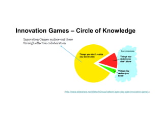 Innovation Games – Circle of Knowledge
(http://www.slideshare.net/ValtechGroup/valtech-agile-day-agile-innovation-games)
 