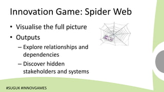Innovation Game: Spider Web
 • Visualise the full picture
 • Outputs
     – Explore relationships and
       dependencies
     – Discover hidden
       stakeholders and systems

#SUGUK #INNOVGAMES
 