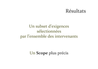 Résultats

      Un subset d’exigences
          sélectionnées
par l’ensemble des intervenants



     Un Scope plus précis
 