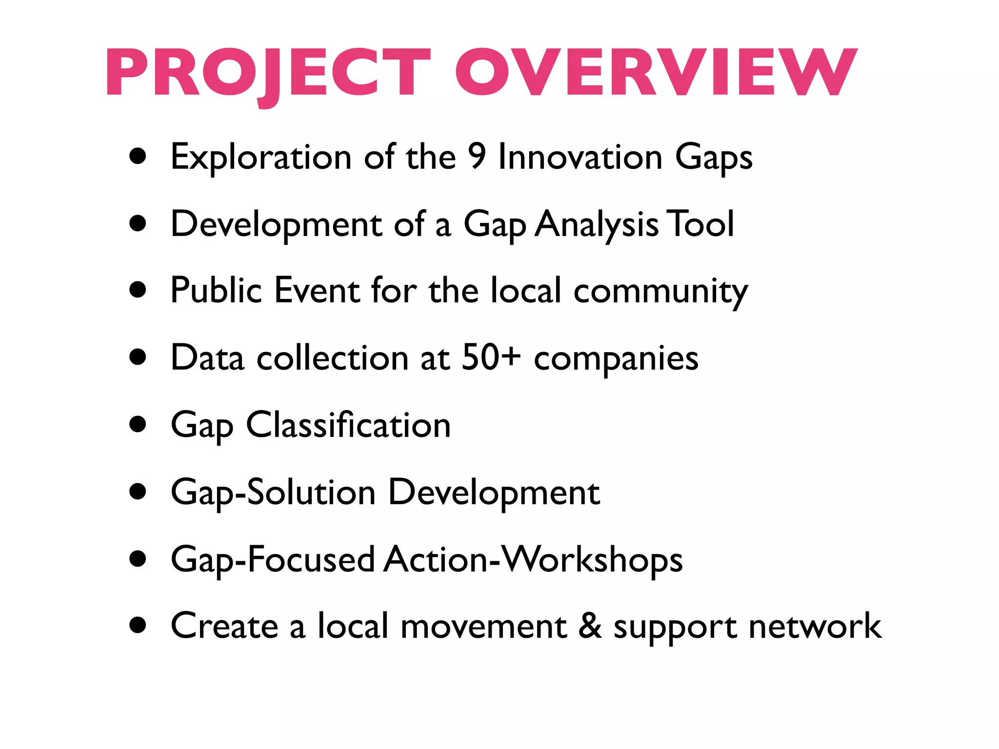 PROJECT OVERVIEW
 • Exploration of the 9 Innovation Gaps
 • Development of a Gap Analysis Tool
 • Public Event for the local community
 • Data collection at 50+ companies
 • Gap Classiﬁcation
 • Gap-Solution Development
 • Gap-Focused Action-Workshops
 • Create a local movement & support network
 