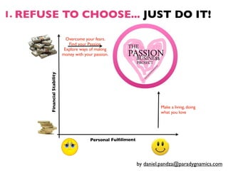 1. REFUSE TO CHOOSE... JUST DO IT!

                               Overcome your fears.
                                Find your Passion.
                              Explore ways of making
       Financial Stability   money with your passion.




                                                                          Make a living, doing
                                                                          what you love




                                           Personal Fulﬁllment




                                                                 by daniel.pandza@paradygnamics.com
 