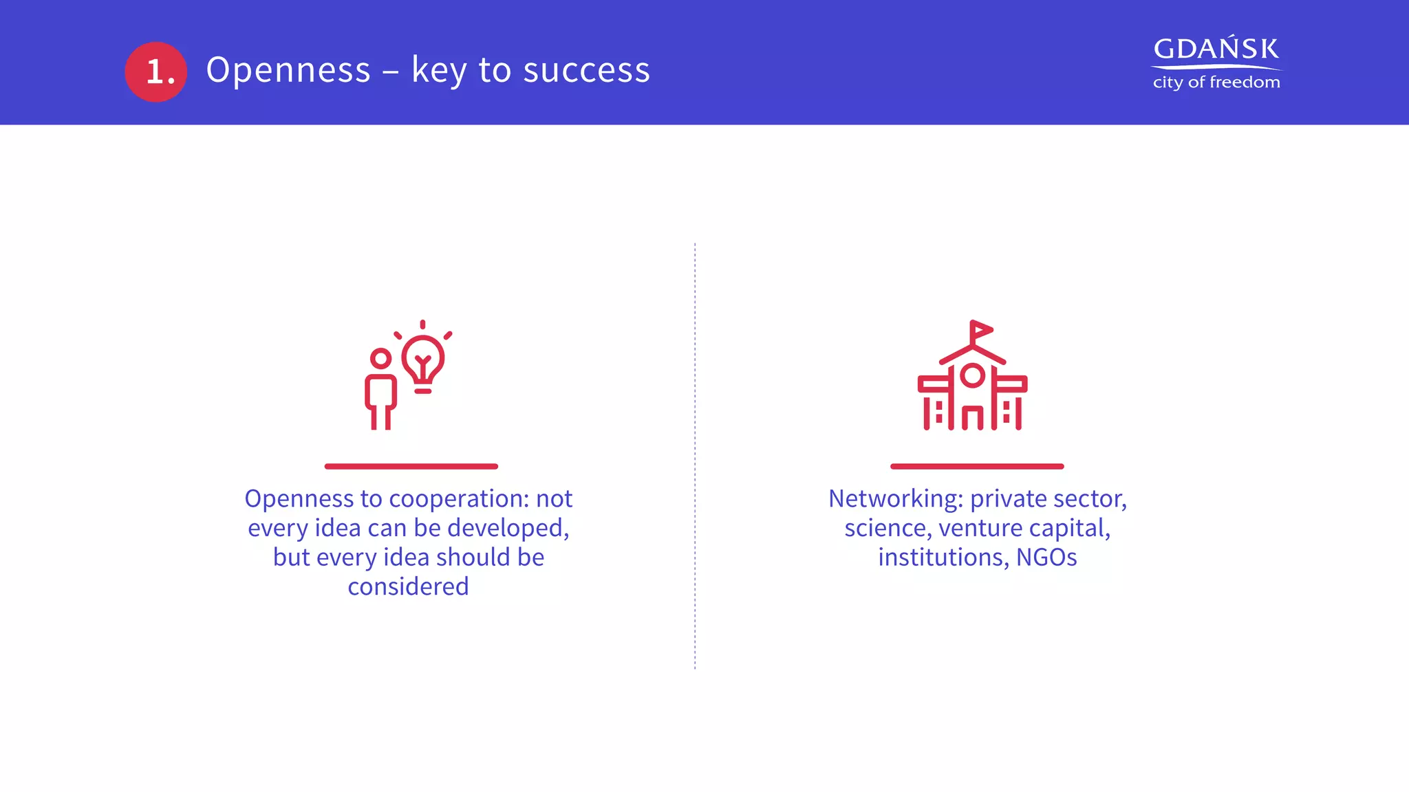 Networking: private sector,
science, venture capital,
institutions, NGOs
Openness to cooperation: not
every idea can be developed,
but every idea should be
considered
Openness – key to success1.
 