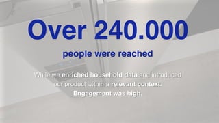 While we enriched household data and introduced
our product within a relevant context.
Engagement was high.
Over 240.000
people were reached
 