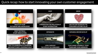 Quick recap: how to start innovating your own customer engagement
GET
BUILD UP YOUR
DATABASE AND KNOWLEDGE
KEEP
STRENGHTEN THE RELATION AT
EVERY INTERACTION
GROW
AIM FOR AND INCREASE THE
CONSUMER LIFETIME VALUE
INTEGRATE
LOOK THROUGH
THE EYES OF THE CONSUMER
KEEP TESTING &
START INNOVATING
TEST TO LEARN WHAT IS WORKING
AND WHAT IS NOT, COOPERATIVELY
EXPAND & NEVER GIVE UP
CHALLENGE YOURSELF, YOUR
TEAM AND YOUR AGENCIES
 