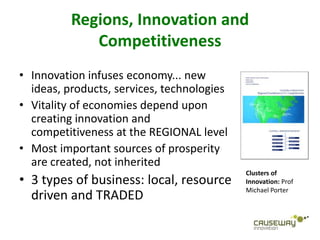 Regions, Innovation and
             Competitiveness
• Innovation infuses economy... new
  ideas, products, services, technologies
• Vitality of economies depend upon
  creating innovation and
  competitiveness at the REGIONAL level
• Most important sources of prosperity
  are created, not inherited
                                            Clusters of
• 3 types of business: local, resource      Innovation: Prof
                                            Michael Porter
  driven and TRADED
 