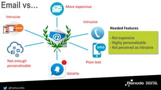 - Not expensive
- Highly personalizable
- Not perceived as intrusive
Needed Features
More expensive
Intrusive
Plain text
Volatile
Not enough
personalizable
Intrusive
Email vs…
@thefrenchflo
 