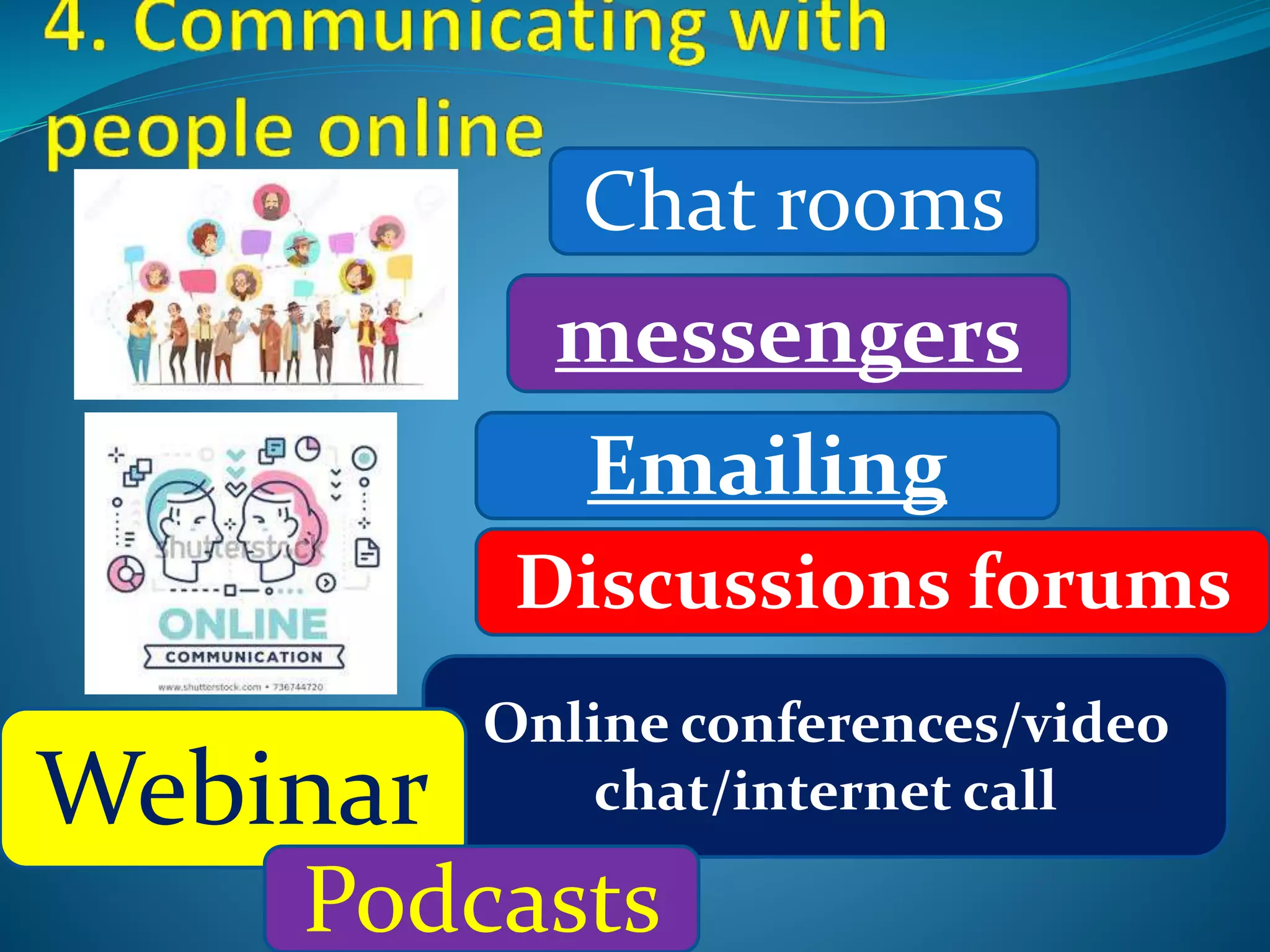 Chat rooms
messengers
Emailing
Online conferences/video
chat/internet call
Discussions forums
Webinar
Podcasts
 