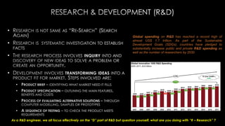 •
•
•
•
•
•
•
•
Global spending on R&D has reached a record high of
almost US$ 1.7 trillion. As part of the Sustainable
Development Goals (SDGs), countries have pledged to
substantially increase public and private R&D spending as
well as the number of researchers by 2030.
As a R&D engineer, we all focus effectively on the “D” part of R&D but question yourself, what are you doing with “R – Research” ?
 