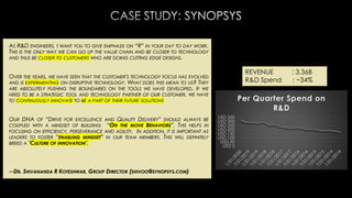 AS R&D ENGINEERS, I WANT YOU TO GIVE EMPHASIS ON “R” IN YOUR DAY TO DAY WORK.
THIS IS THE ONLY WAY WE CAN GO UP THE VALUE CHAIN AND BE CLOSER TO TECHNOLOGY
AND THUS BE CLOSER TO CUSTOMERS WHO ARE DOING CUTTING EDGE DESIGNS.
OVER THE YEARS, WE HAVE SEEN THAT THE CUSTOMER'S TECHNOLOGY FOCUS HAS EVOLVED
AND IS EXPERIMENTING ON DISRUPTIVE TECHNOLOGY. WHAT DOES THIS MEAN TO US? THEY
ARE ABSOLUTELY PUSHING THE BOUNDARIES ON THE TOOLS WE HAVE DEVELOPED. IF WE
NEED TO BE A STRATEGIC TOOL AND TECHNOLOGY PARTNER OF OUR CUSTOMER, WE HAVE
TO CONTINUOUSLY INNOVATE TO BE A PART OF THEIR FUTURE SOLUTIONS
OUR DNA OF “DRIVE FOR EXCELLENCE AND QUALITY DELIVERY” SHOULD ALWAYS BE
COUPLED WITH A MINDSET OF BUILDING “ON THE MOVE BEHAVIORS”. THIS HELPS IN
FOCUSING ON EFFICIENCY, PERSEVERANCE AND AGILITY. IN ADDITION, IT IS IMPORTANT AS
LEADERS TO FOSTER “ENABLING MINDSET” IN OUR TEAM MEMBERS. THIS WILL DEFINITELY
BREED A "CULTURE OF INNOVATION".
--DR. SHIVANANDA R KOTESHWAR, GROUP DIRECTOR (SHIVOO@SYNOPSYS.COM)
USD 0
USD 50
USD 100
USD 150
USD 200
USD 250
USD 300
USD 350
Per Quarter Spend on
R&D
REVENUE : 3.36B
R&D Spend : ~34%
 