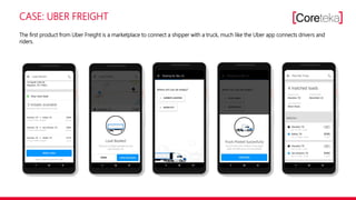 CASE: UBER FREIGHT
The first product from Uber Freight is a marketplace to connect a shipper with a truck, much like the Uber app connects drivers and
riders.
 