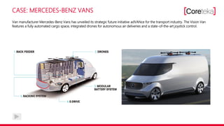 CASE: MERCEDES-BENZ VANS
Van manufacturer Mercedes-Benz Vans has unveiled its strategic future initiative adVANce for the transport industry. The Vision Van
features a fully automated cargo space, integrated drones for autonomous air deliveries and a state-of-the-art joystick control.
 