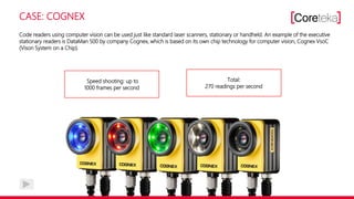 CASE: COGNEX
Code readers using computer vision can be used just like standard laser scanners, stationary or handheld. An example of the executive
stationary readers is DataMan 500 by company Cognex, which is based on its own chip technology for computer vision, Cognex VsoC
(Vison System on a Chip).
Speed shooting: up to
1000 frames per second
Total:
270 readings per second
 