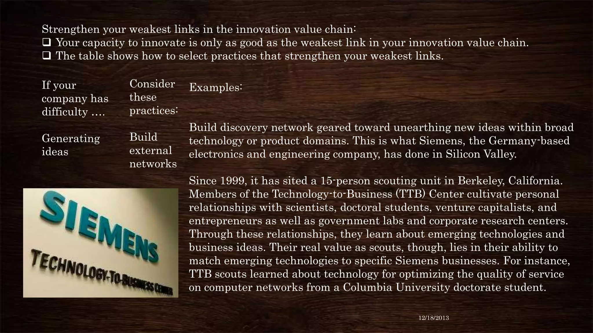 Strengthen your weakest links in the innovation value chain:
 Your capacity to innovate is only as good as the weakest link in your innovation value chain.
 The table shows how to select practices that strengthen your weakest links.
If your
company has
difficulty ….
Generating
ideas

Consider Examples:
these
practices:
Build
external
networks

Build discovery network geared toward unearthing new ideas within broad
technology or product domains. This is what Siemens, the Germany-based
electronics and engineering company, has done in Silicon Valley.

Since 1999, it has sited a 15-person scouting unit in Berkeley, California.
Members of the Technology-to-Business (TTB) Center cultivate personal
relationships with scientists, doctoral students, venture capitalists, and
entrepreneurs as well as government labs and corporate research centers.
Through these relationships, they learn about emerging technologies and
business ideas. Their real value as scouts, though, lies in their ability to
match emerging technologies to specific Siemens businesses. For instance,
TTB scouts learned about technology for optimizing the quality of service
on computer networks from a Columbia University doctorate student.
12/18/2013

 