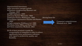 Organizational innovations:
Other innovative concepts include:
 Business reengineering (Hammer and
Champy, 1993)
 TQM (Ishikawa, 1985)
 Fractal Factory (Warnecke, 1992)
Driving factor for:
 Modular Factory (Wildemann, 1992)
 Intelligent organization (Pinchot and Pinchot,
1993)
Companies’ competitiveness
 Agile enterprise (Goldman et al. 1995)
(Womack et al. 1990)
 Cellular forms (Miles and Snow, 1997)
 N-form corporation (Hedlund, 1994)
 All of these promised to guide the
reorganization of companies in order to achieve
significantly better performance indicators
with regard to productivity, quality, and
flexibility.

12/18/2013

 