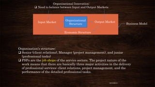 Organizational Innovation:
 Need to balance between Input and Output Markets

Input Market

Organizational
Structure

Output Market

Business Model

Economic Structure

Organization’s structure:
 Senior (client relations), Manager (project management), and junior
(professional tasks)
 PSFs are the job shops of the service sectors. The project nature of the
work means that there are basically three major activities in the delivery
of professional services: client relations, project management, and the
performance of the detailed professional tasks.

12/18/2013

 