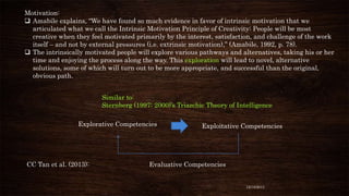 Motivation:
 Amabile explains, “We have found so much evidence in favor of intrinsic motivation that we
articulated what we call the Intrinsic Motivation Principle of Creativity: People will be most
creative when they feel motivated primarily by the interest, satisfaction, and challenge of the work
itself – and not by external pressures (i.e. extrinsic motivation),” (Amabile, 1992, p. 78).
 The intrinsically motivated people will explore various pathways and alternatives, taking his or her
time and enjoying the process along the way. This exploration will lead to novel, alternative
solutions, some of which will turn out to be more appropriate, and successful than the original,
obvious path.

Similar to:
Sternberg (1997; 2000)’s Triarchic Theory of Intelligence
Explorative Competencies

CC Tan et al. (2013):

Exploitative Competencies

Evaluative Competencies

12/18/2013

 
