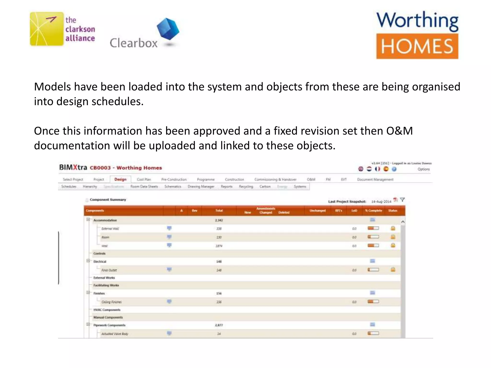 Models have been loaded into the system and objects from these are being organised
into design schedules.
Once this information has been approved and a fixed revision set then O&M
documentation will be uploaded and linked to these objects.
 