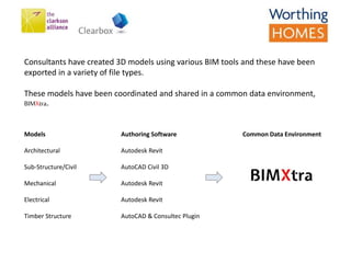 Consultants have created 3D models using various BIM tools and these have been
exported in a variety of file types.
These models have been coordinated and shared in a common data environment,
BIMXtra.
Models
Architectural
Sub-Structure/Civil
Mechanical
Electrical
Timber Structure
Authoring Software
Autodesk Revit
AutoCAD Civil 3D
Autodesk Revit
Autodesk Revit
AutoCAD & Consultec Plugin
Common Data Environment
 