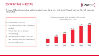 3D PRINTING IN RETAIL
By means of 3D printing technology additive manufacturing can change every single step of the supply chain and offers fully customised
retail products.
• Individualized production
• Easy printing of spare parts to fix existing
products
• Decentralized and on-demand
manufacturing
• Dematerialization of the supply chain
(less transport, stock cost, manufacturing
cost and retailing cost)
1,32
2,08
2,99
4,32
5,46
5,72
2015 2016 2017 2018 2019 2020
Predicted worldwide retail profits from 3-D printed
customized goods ($ bln)
 