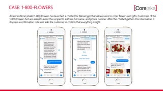 CASE: 1-800-FLOWERS
American floral retailer 1-800-Flowers has launched a chatbot for Messenger that allows users to order flowers and gifts. Customers of the
1-800-Flowers bot are asked to enter the recipient‘s address, full name, and phone number. After the chatbot gathers this information, it
displays a confirmation note and asks the customer to confirm that everything is right.
 