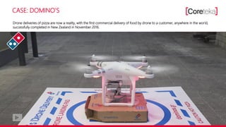 CASE: DOMINO'S
Drone deliveries of pizza are now a reality, with the first commercial delivery of food by drone to a customer, anywhere in the world,
successfully completed in New Zealand in November 2016.
 