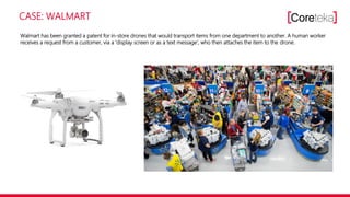 CASE: WALMART
Walmart has been granted a patent for in-store drones that would transport items from one department to another. A human worker
receives a request from a customer, via a ‗display screen or as a text message‘, who then attaches the item to the drone.
 