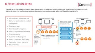 BLOCKCHAIN IN RETAIL
• Micropayment and pay-per-use
• Consumer participation in product
development
• Direct purchases
• Decentralized marketplaces
• Product warranties and insurance
• Sharing economy
• Customer loyalty programs
• Product quality and food safety
• Automated in-store payments
• B2C certificates
The retail sector has already discovered practical applications of Blockchain system: ensuring the authenticity of high-value products
(diamonds and art) to locating stolen goods and protecting both customers and sellers from fraudulent transactions.
 