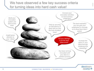 We have observed a few key success criteria




                                                                                                       050609
         for turning ideas into hard cash value!
                                                             Connect your
                                                          innovation activities
                                                            to real business
       Build your                                              challenges!
       innovation
      system one
      stone at the                                                            The best motivation
                                          Only by securing                      you can give your
          time!
                                          an abundance of                    employees to innovate
                                         ideas will you find                 is to show them that it
                                         the truly excellent                         works!
                                                ones!
    Insight gives
     direction to
     your ideas!                                       Kill your darlings
                                                        to let the best                Increase the
                                                          ideas excel!                value of your
                                                                                      ideas through
                                                                                      clustering and
                                                                                        stretching!
                                                        You have not truly
                                                         innovated until
                                                          your idea is a
                                                         market success!




3                     CONNECTING   BUSINESS & TECHNOLOGY
 