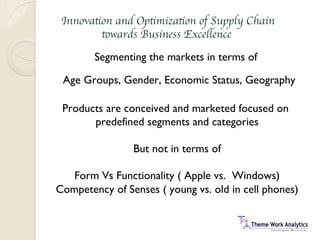 Innovation and Optimization of Supply Chain
towards Business Excellence
Segmenting the markets in terms of
Age Groups, Gender, Economic Status, Geography
Products are conceived and marketed focused on
predefined segments and categories
But not in terms of
Form Vs Functionality ( Apple vs. Windows)
Competency of Senses ( young vs. old in cell phones)
 
